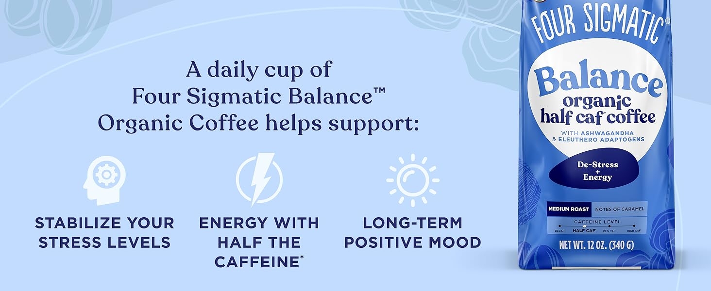 Stabilize your stress levels, energy with half the caffeine, long-term positive mood