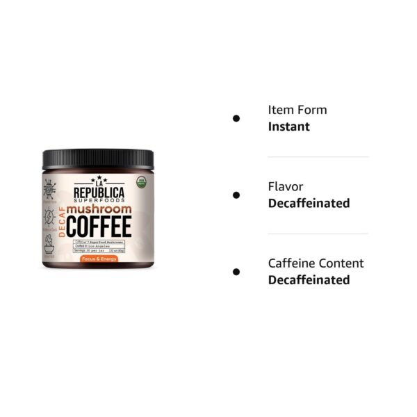 La Republica Organic Decaf Mushroom Coffee with 7 Superfood Mushrooms, Water-Processed Instant Coffee Mix with Lion’s Mane,