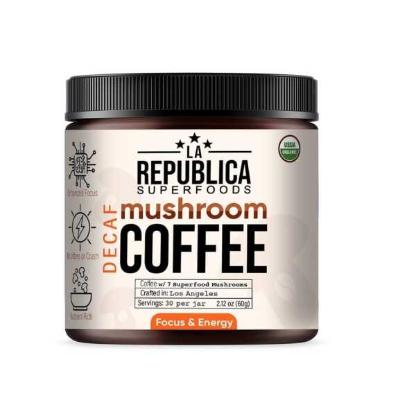 La Republica Organic Decaf Mushroom Coffee with 7 Superfood Mushrooms, Water-Processed Instant Coffee Mix with Lion’s Mane,