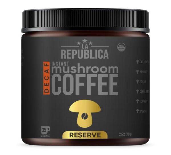 La Republica Organic Decaf Mushroom Coffee with 7 Superfood Mushrooms, Water-Processed Instant Coffee Mix with Lion’s Mane,