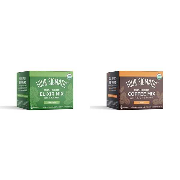 Four Sigmatic Chaga Mushroom Elixir, Organic Chaga Mushroom Powder, Pack of 20 & Mashroom Instant Coffee, Organic and Fair Trade