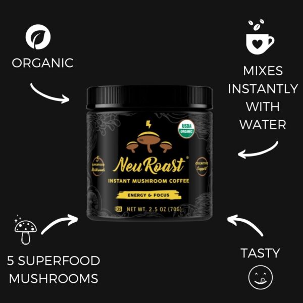 Organic Ground Mushroom Coffee by NeuRoast – Caramel Flavor | Low Acid, Smooth Taste | Premium Coffee with 5 Mushroom Blend –