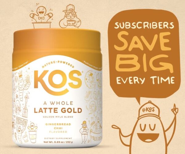 KOS Golden Milk Powder, USDA Organic Superfoods – Instant Turmeric and Ginger Latte with Mushroom Blend – Coffee Creamer,