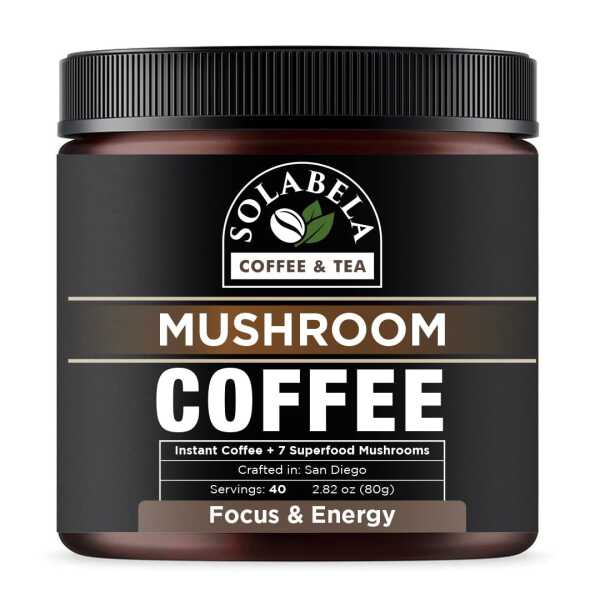 Solabela Coffee Organic Mushroom Coffee (38 Servings) with 7 Superfood Mushrooms, Great Tasting Arabica Instant Coffee, Includes