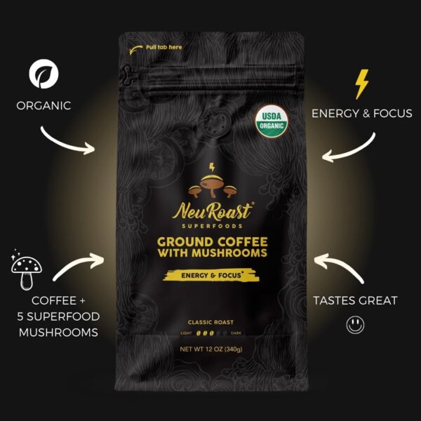 Organic Ground Mushroom Coffee by NeuRoast – Caramel Flavor | Low Acid, Smooth Taste | Premium Coffee with 5 Mushroom Blend –