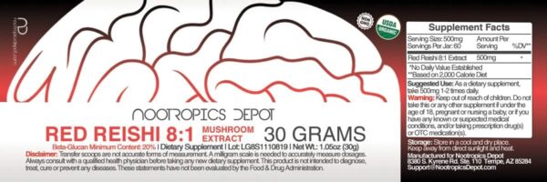 Nootropics Depot Red Reishi Mushroom Powder | 8:1 Extract | 60 Grams | Ganoderma lucidum | Organic Whole Fruiting Body Mushroom