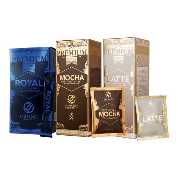 ORGANO Combo Pack, 1 box ROYAL Black Coffee, 1 box Cafe Latte and 1 Box Cafe Mocha 100% Certified Organic Gourmet Coffee