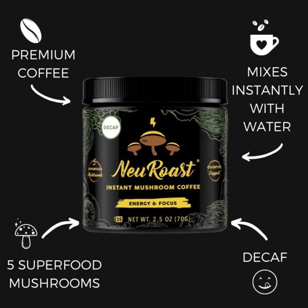 Organic Ground Mushroom Coffee by NeuRoast – Caramel Flavor | Low Acid, Smooth Taste | Premium Coffee with 5 Mushroom Blend –