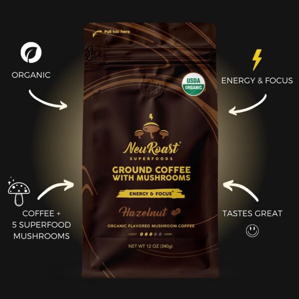 Organic Ground Mushroom Coffee by NeuRoast – Caramel Flavor | Low Acid, Smooth Taste | Premium Coffee with 5 Mushroom Blend –