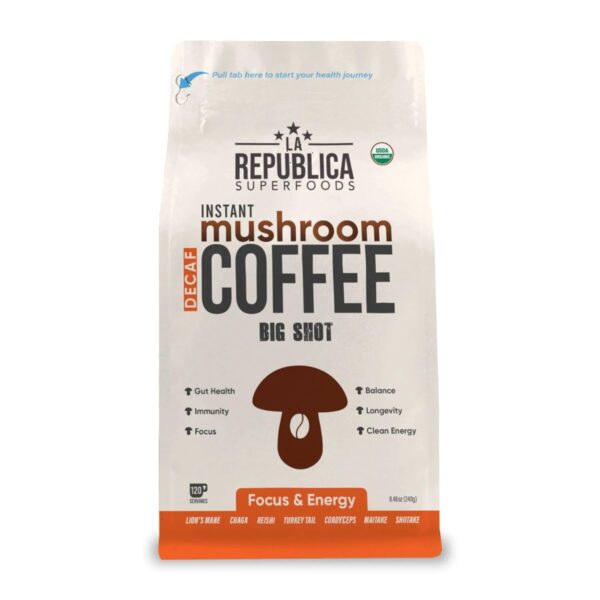 La Republica Organic Decaf Mushroom Coffee with 7 Superfood Mushrooms, Water-Processed Instant Coffee Mix with Lion’s Mane,