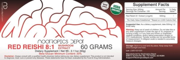 Nootropics Depot Red Reishi Mushroom Powder | 8:1 Extract | 60 Grams | Ganoderma lucidum | Organic Whole Fruiting Body Mushroom