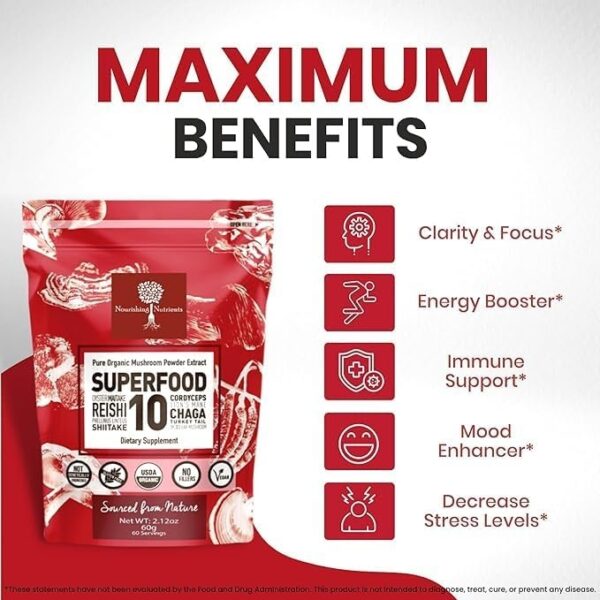 Organic Mushroom Powder Extract -Superfood 10 Supplement 14x Stronger 100% Pure USDA Immunity Booster- Reishi, Chaga, Cordyceps,