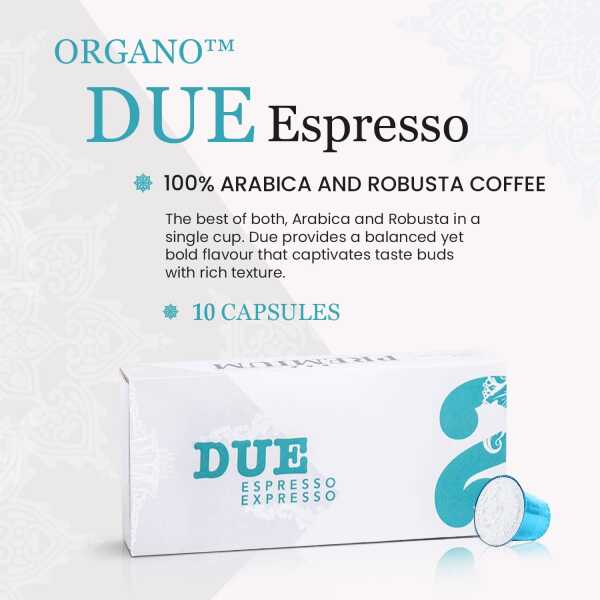 ORGANO Espresso DUE Coffee capsules – Ganoderma Lucidum – Arabica Coffee Beans – Robusta Coffee – Sugar & Salt Free – 10