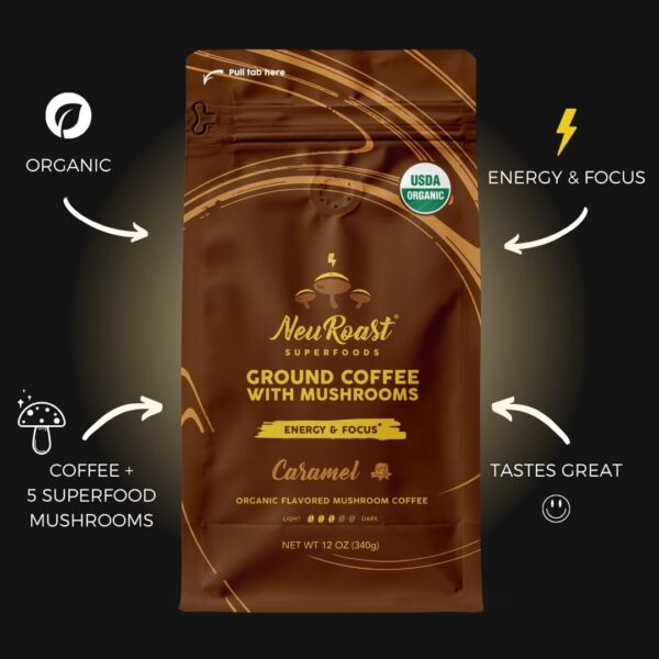 Organic Ground Mushroom Coffee by NeuRoast – Hazelnut Flavor | Low Acid, Smooth Taste | Premium Coffee with 5 Superfood