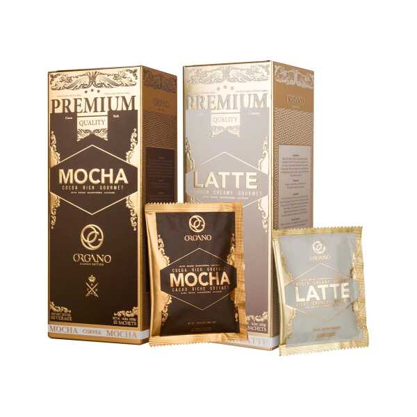 ORGANO Combo Pack, 1 box Cafe Latte and 1 Box Cafe Mocha 100% Certified Organic Gourmet Coffee