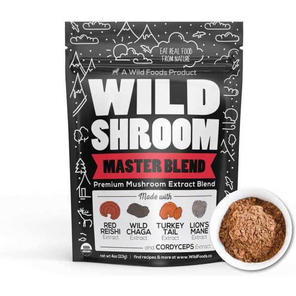 Wild Mushroom Extract Blend, Reishi, Chaga, Cordyceps, Turkey Tail, Lion’s Mane Supplement for Smoothies, Shakes, Coffee