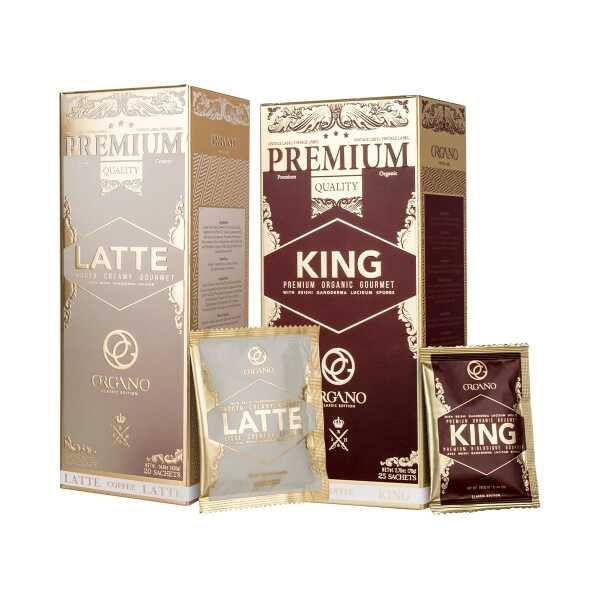 ORGANO Combo Pack, 1 box King of Coffee and 1 Box Cafe Latte 100% Certified Organic Gourmet Coffee