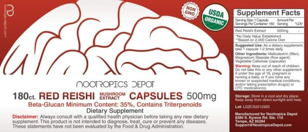 Nootropics Depot Red Reishi Mushroom Capsules | 500mg | 60 Count | Organic Whole Fruiting Body Mushroom Extract | Supports a