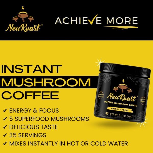 Organic Ground Mushroom Coffee by NeuRoast – Caramel Flavor | Low Acid, Smooth Taste | Premium Coffee with 5 Mushroom Blend –