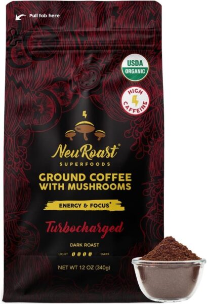 Organic Ground Mushroom Coffee by NeuRoast – Caramel Flavor | Low Acid, Smooth Taste | Premium Coffee with 5 Mushroom Blend –