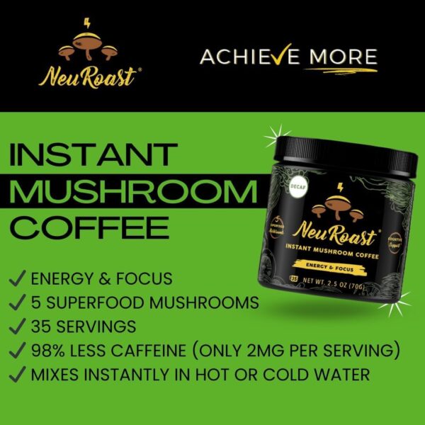 Organic Ground Mushroom Coffee by NeuRoast – Caramel Flavor | Low Acid, Smooth Taste | Premium Coffee with 5 Mushroom Blend –