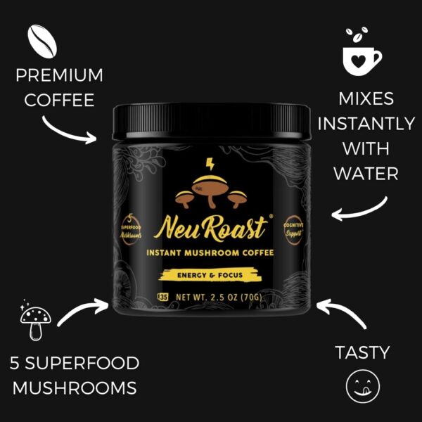 Organic Ground Mushroom Coffee by NeuRoast – Caramel Flavor | Low Acid, Smooth Taste | Premium Coffee with 5 Mushroom Blend –