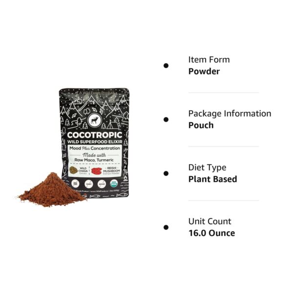 Organic Cocotropic Superfood Mushroom Hot Chocolate Mix, 16 oz | Non-GMO, Vegan, Gluten Free, Mood, Raw Cacao, Reishi Mushrooms,