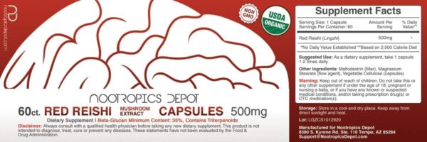 Nootropics Depot Red Reishi Mushroom Capsules | 500mg | 60 Count | Organic Whole Fruiting Body Mushroom Extract | Supports a