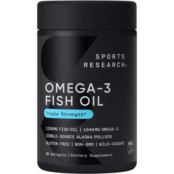 Sports Research Triple Strength Omega 3 Fish Oil – Burpless Fish Oil Supplement w/EPA & DHA Fatty Acids from Single-Source Wild Alaska Pollock – 1250 mg, 90 ct