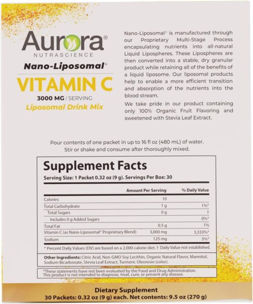 Aurora Nutrascience, Mega-Liposomal Vitamin C, 3,000 mg per Serving, Gluten Free, Non-GMO, Sugar-Free, High Absorption, Fat Soluble Vitamin C, Immune System Support, 16 oz (480 mL)