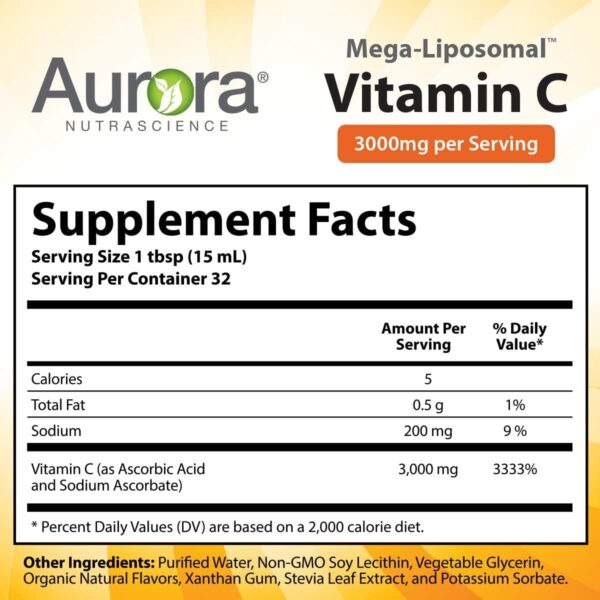 Aurora Nutrascience, Mega-Liposomal Vitamin C, 3,000 mg per Serving, Gluten Free, Non-GMO, Sugar-Free, High Absorption, Fat Soluble Vitamin C, Immune System Support, 16 oz (480 mL)