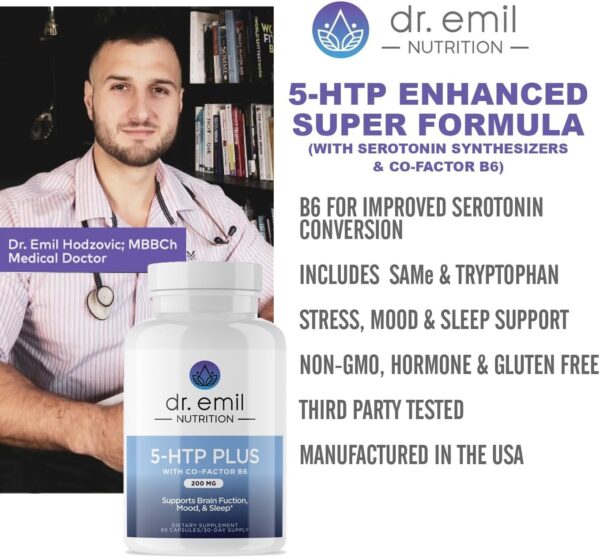 DR. EMIL NUTRITION 200 MG 5-HTP Plus with SAM-e to Maintain Normal Healthy Sleep and Create a Sense of Wellbeing – 5HTP Supplement with Vitamin B6-60 Vegan Capsules, 30 Servings