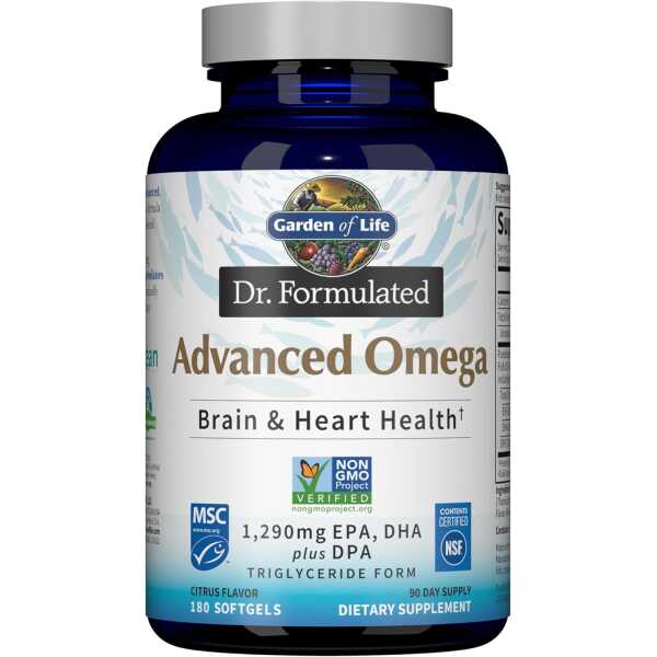 Garden of Life Dr. Formulated Advanced Omega Fish Oil – Lemon, 1,290mg EPA, DHA + DPA in Triglyceride Form, Single Source Omega 3 Supplement for Ultimate Brain & Heart Health, Non-GMO, 180 Softgels