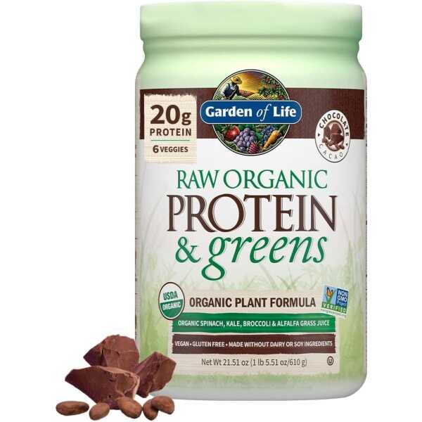 Garden of Life Raw Organic Protein & Greens – Chocolate – Vegan Protein Powder for Women and Men, Plant Protein, Pea Protein, Greens & Probiotics – Dairy Free, Gluten Free Low Carb Shake, 20 Servings