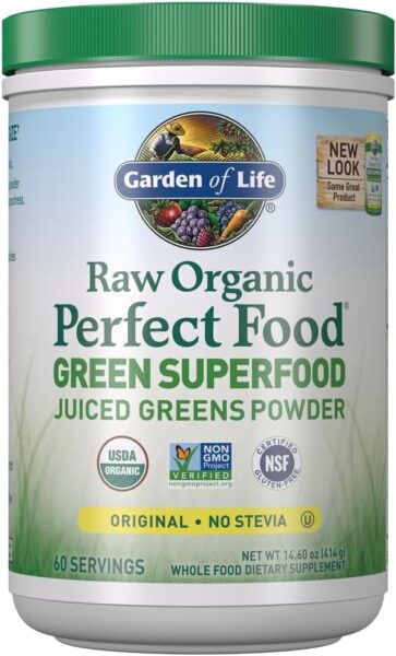 Garden of Life Raw Organic Perfect Food Green Superfood Juiced Greens Powder – Original Stevia-Free, 30 Servings, Non-GMO, Gluten Free Whole Food Dietary Supplement, Alkalize, Detoxify, Energize