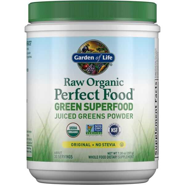 Garden of Life Raw Organic Perfect Food Green Superfood Juiced Greens Powder – Original Stevia-Free, 30 Servings, Non-GMO, Gluten Free Whole Food Dietary Supplement, Alkalize, Detoxify, Energize