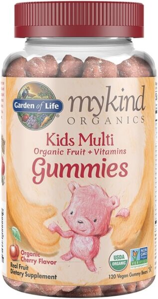 Garden of Life mykind Organics Kids Gummy Vitamins – Fruit – Certified Organic, Non-GMO & Vegan Complete Children’s Multi – B12, C & D3 – Gluten, Soy & Dairy Free, 120 Real Fruit Chew Gummies