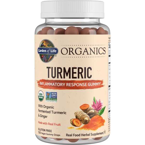 Garden of Life Organics Turmeric Inflammatory Response Gummy – 120 Real Fruit Gummies for Kids & Adults, 50Mg Curcumin (95% Curcuminoids), No Added Sugar, Organic, Non-GMO, Vegan & Gluten Free