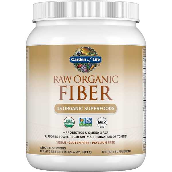 Garden of Life Fiber Supplement, Raw Organic Fiber Powder, 30 Servings, 15 Organic Superfoods, Probiotics, Omega-3 ALA, 4g Soluble Fiber, 5g Insoluble Fiber for Regularity, Psyllium Husk Free Fiber