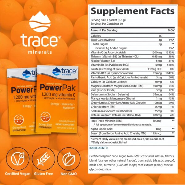 Trace Minerals | Power Pak Electrolyte Powder Packets | 1200 mg Vitamin C, Zinc, Magnesium | Boost Immunity, Hydration and Natural Energy | Orange Blast | 90 Packets