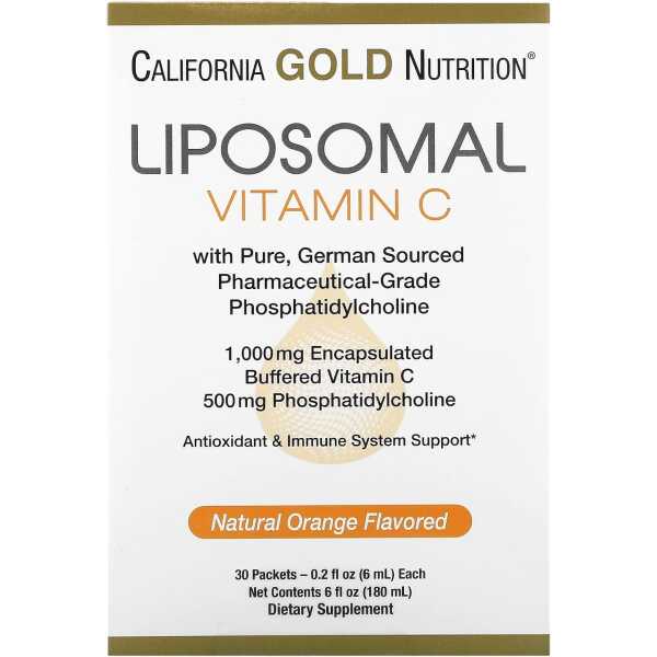 Liposomal Vitamin C by California Gold Nutrition – Liquid Supplement for Antioxidant & Immune Support – Vegan Friendly – Gluten Free, Non-GMO – 1,000 mg – 30 Packets – Natural Orange Flavor