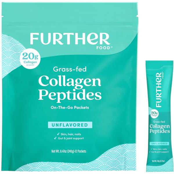 Further Food Unflavored Collagen Peptides Powder Stick Packs, Grass-Fed Pasture-Raised Hydrolyzed Type 1 & 3 Protein, Gut Health + Joint, Hair, Skin, Nails, Paleo Keto Sugar-Free 8.47 oz