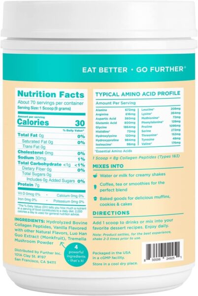 Further Food Unflavored Collagen Peptides Powder Stick Packs, Grass-Fed Pasture-Raised Hydrolyzed Type 1 & 3 Protein, Gut Health + Joint, Hair, Skin, Nails, Paleo Keto Sugar-Free 8.47 oz