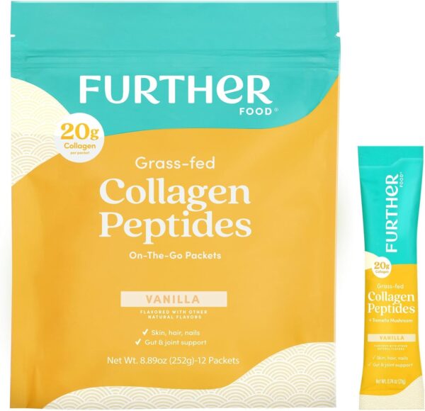 Further Food Unflavored Collagen Peptides Powder Stick Packs, Grass-Fed Pasture-Raised Hydrolyzed Type 1 & 3 Protein, Gut Health + Joint, Hair, Skin, Nails, Paleo Keto Sugar-Free 8.47 oz