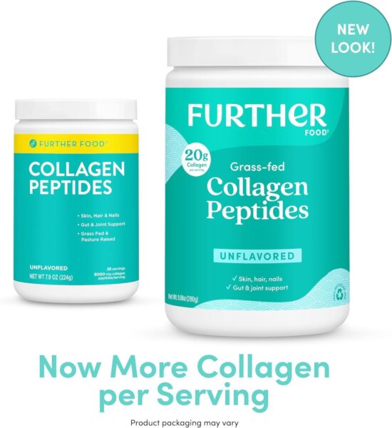 Further Food Unflavored Collagen Peptides Powder Stick Packs, Grass-Fed Pasture-Raised Hydrolyzed Type 1 & 3 Protein, Gut Health + Joint, Hair, Skin, Nails, Paleo Keto Sugar-Free 8.47 oz