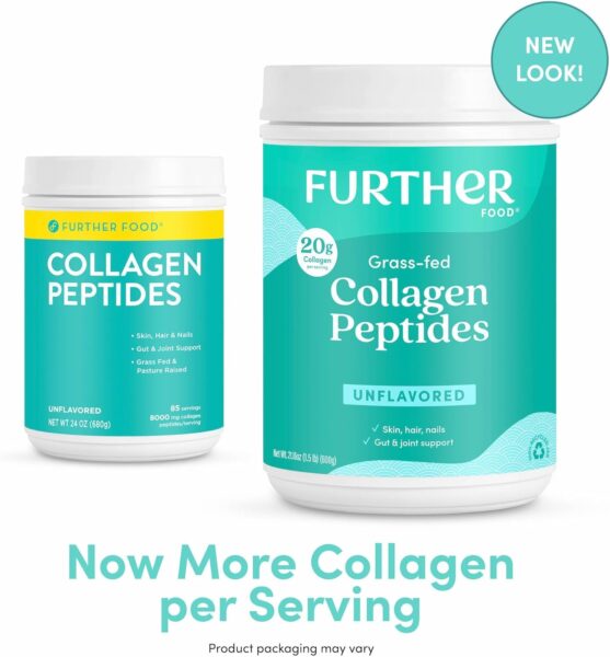 Further Food Unflavored Collagen Peptides Powder Stick Packs, Grass-Fed Pasture-Raised Hydrolyzed Type 1 & 3 Protein, Gut Health + Joint, Hair, Skin, Nails, Paleo Keto Sugar-Free 8.47 oz