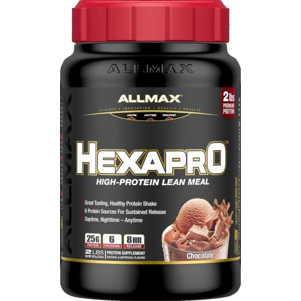 ALLMAX HEXAPRO, Chocolate – 2 lb – 25 Grams of Protein Per Serving – 8-Hour Sustained Release – Zero Sugar – 21 Servings