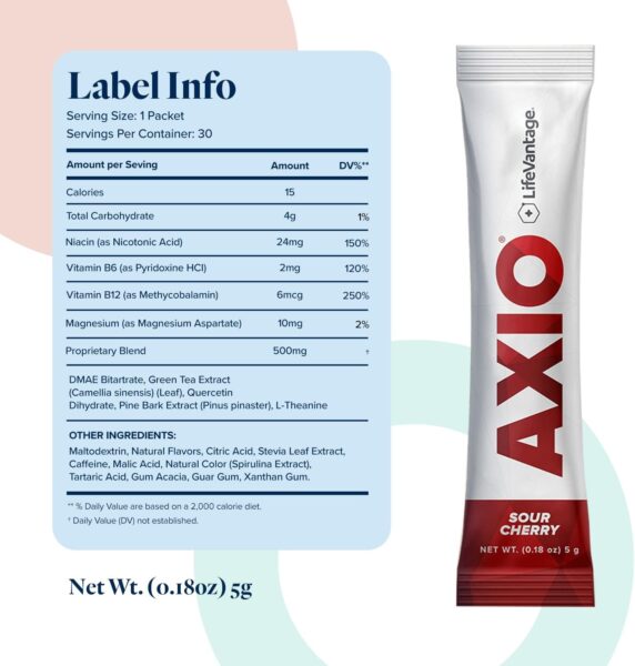 AXIO Regular Energy Drink Powder, Red Raspberry, 30 Packets, Instant Energy Powder, Energy Supplement in a Drink Mix, w/B Vitamins, DMAE, L-Theanine, Quercetin, Green Tea & Pine Bark Extract