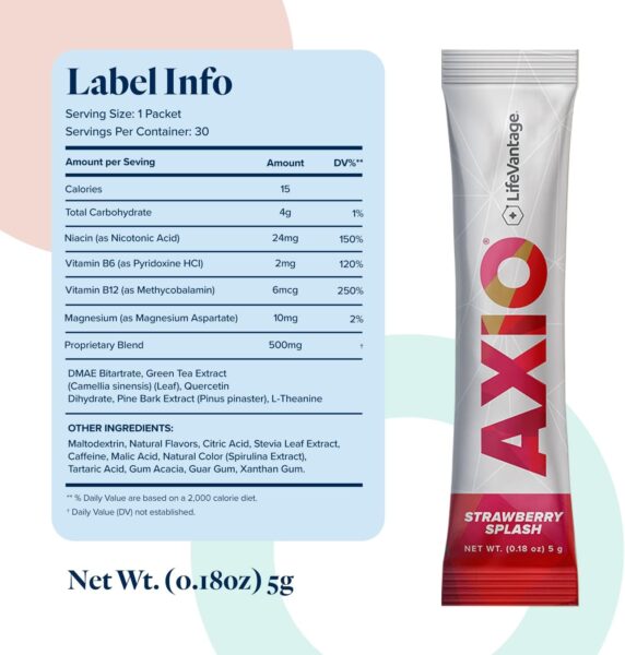 AXIO Regular Energy Drink Powder, Red Raspberry, 30 Packets, Instant Energy Powder, Energy Supplement in a Drink Mix, w/B Vitamins, DMAE, L-Theanine, Quercetin, Green Tea & Pine Bark Extract