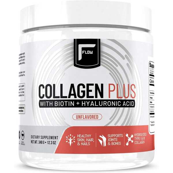 Flow Supplements Collagen Peptides Protein Powder Collagen Supplements with Hyaluronic Acid + Biotin Hydrolyzed Collagen Peptides Multi Collagen Powder Type I and III – 348 Gram (Pack of 1)